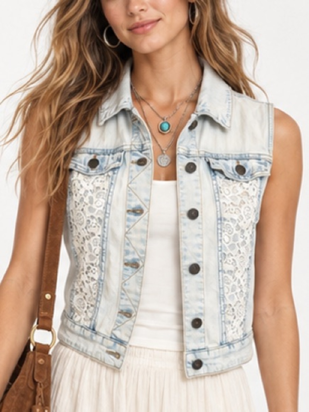 Mossimo Denim Jean Vest Acid Wash Crochet Lace Boho Western Festival Medium